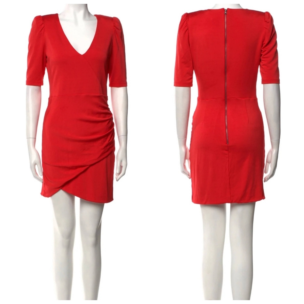 Alice + Olivia Judy Red Puff Sleeve Ruched Mini Cocktail Dress Size 10 NWOT - Picture 8 of 11